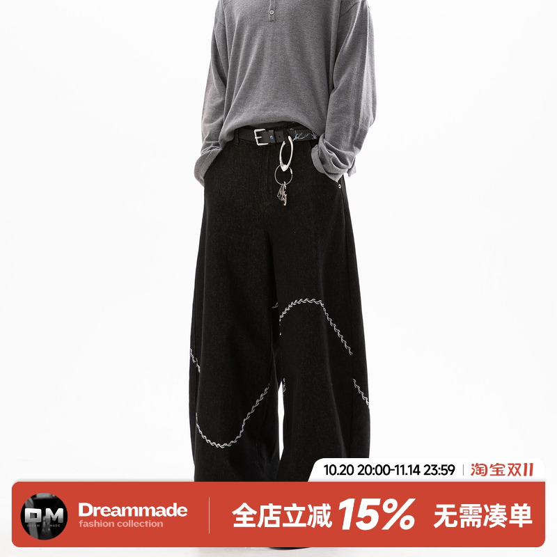 Dream made 美式高级感刺绣原牛丹宁牛仔裤男春秋季直筒阔腿裤子