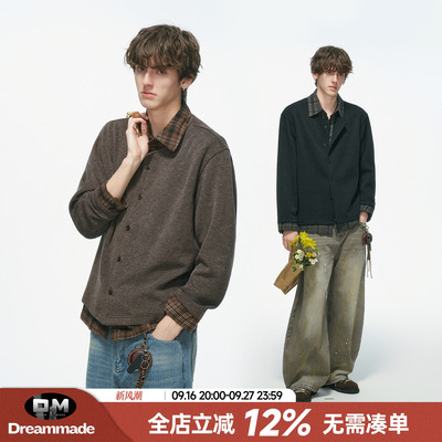 Dream made假两件老钱风开衫毛衣男春秋季长袖衬衫男生内搭针织衫