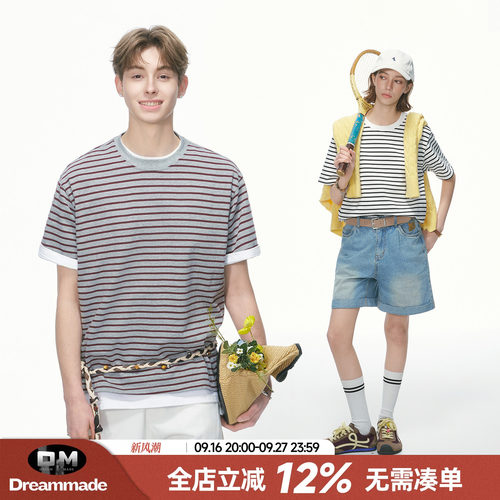 Dream made 美式重磅条纹短袖T恤男夏季新款纯棉半袖圆领男生上衣