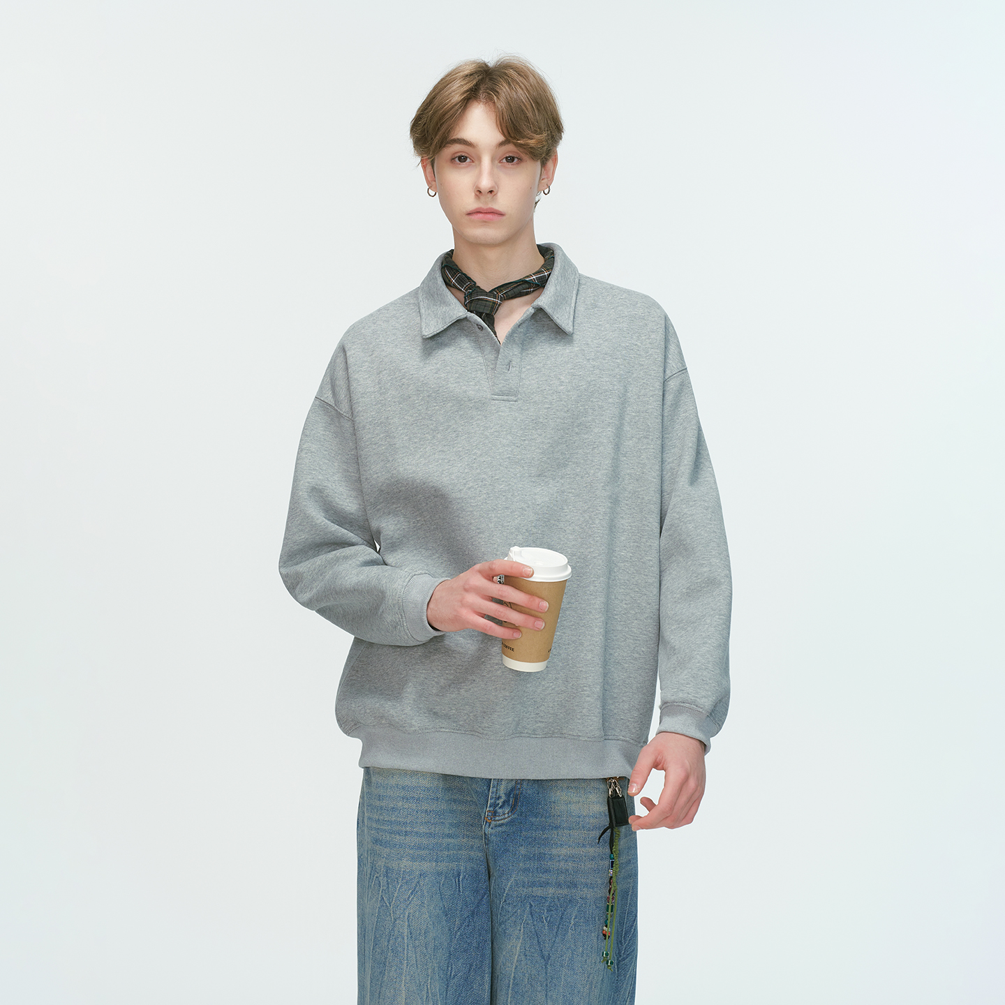 Dream made 美式复古翻领polo衫无帽灰色卫衣男春秋季男生长袖T恤