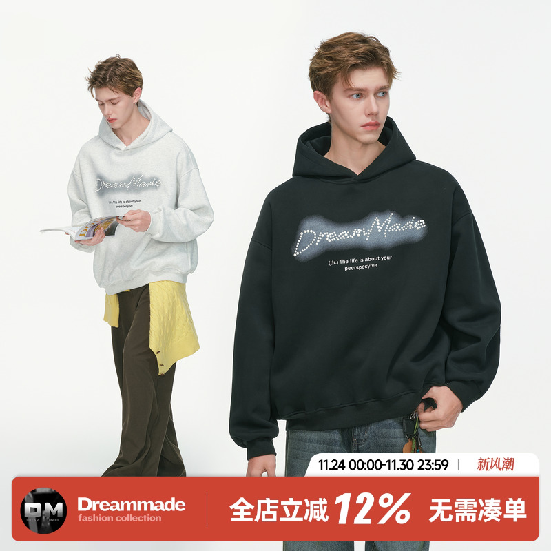 Dream made 美式设计感珍珠烫钻连帽卫衣男秋季重磅潮牌情侣外套