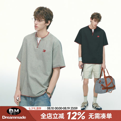 Dream made 老钱风V领假两件手缝线短袖T恤男款夏季重磅男生半袖