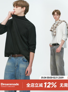 Dream made 美式解构半高领双面绒长袖T恤男秋冬季打底衫内搭上衣