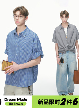 Dream made皇家蓝色格子短袖衬衫男款夏季设计感休闲男生衬衣外套