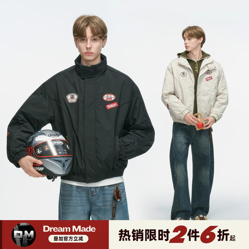 Dream made美式赛车风棉服男款冬季加厚棉袄男生冬装外套机车棉衣