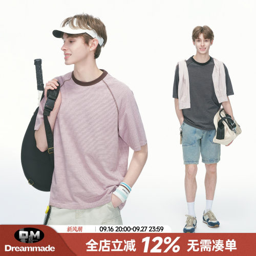 Dream made 美式复古哈苏线重磅圆领短袖T恤男款夏季情侣半袖上衣