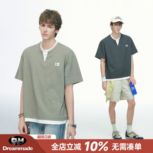 Dream made 美式cleanfit假两件短袖T恤男夏季重磅男生V领半袖T恤