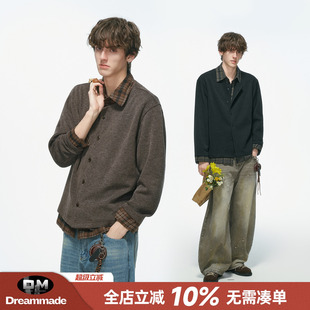 Dream made假两件老钱风开衫毛衣男春秋季长袖衬衫男生内搭针织衫