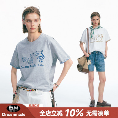 Dream made 美式休闲拼色音符印花短袖T恤男夏季薄款情侣半袖上衣