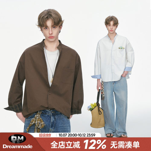 Dream made 老钱风亨利领格子白色长袖衬衫男春秋季休闲男生衬衣