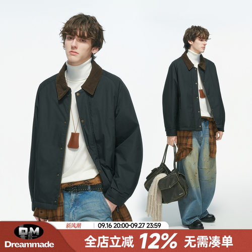 Dream made 巴恩风拼接格子翻领棉服男冬季加厚防水猎装棉衣外套