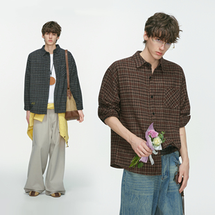 复古棕色格子毛呢衬衫 美式 男款 秋季 衬衣 Dream 慵懒内搭长袖 made