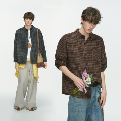 Dream made 美式复古棕色格子毛呢衬衫男款秋季慵懒内搭长袖衬衣