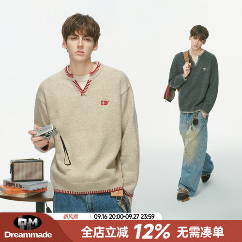 Dream made 老钱风男装绵羊毛假两件毛衣男款秋冬季V领内搭针织衫