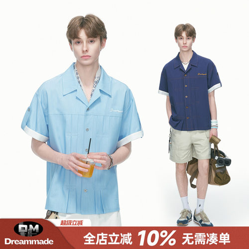 Dream made美式设计感仿牛仔假两件抗皱短袖衬衫男款夏季半袖衬衣