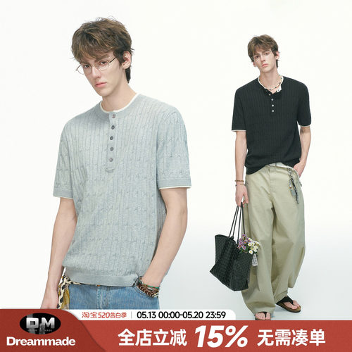 Dream made 老钱风冰感假两件亨利领针织短袖T恤男款夏季半袖上衣