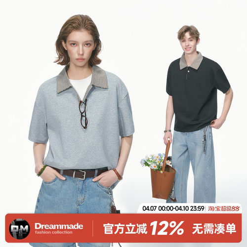 Dream made 千鸟格空气层短袖T恤男女款夏季老钱风复古情侣polo衫