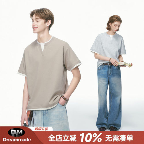 Dream made老钱风假两件V领叠穿短袖T恤男女夏季新款重磅情侣上衣