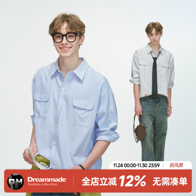 Dream made美式高级感条纹长袖衬衫男春秋季休闲工装内搭衬衣男生