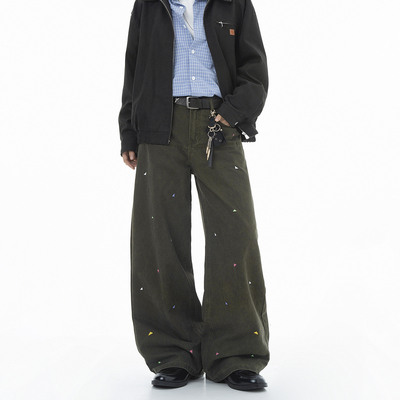 Dream made 趣味情侣彩色印花休闲裤秋季宽松直筒军绿色裤子男款