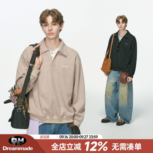 Dream made 美式假两件亚麻polo衫卫衣男款秋季通勤V领叠穿上衣