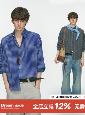 Dream made 美式高级感蓝色格子长袖衬衫男款春秋季内搭休闲衬衣