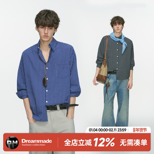 Dream made 美式高级感蓝色格子长袖衬衫男款春秋季内搭休闲衬衣