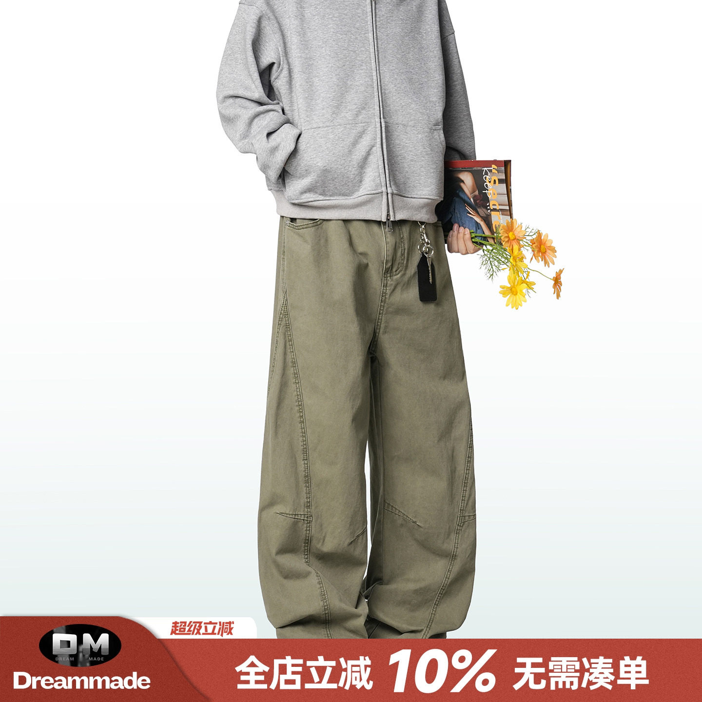 Dream made 美式休闲长裤男款春夏季直筒阔腿工装裤男生弯刀裤子 - 实物图