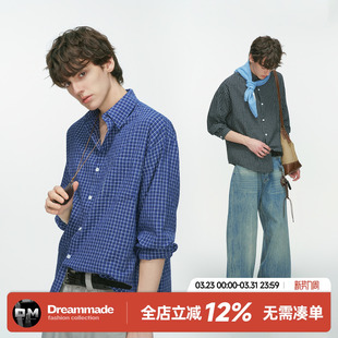 美式 Dream 男春秋季 衬衫 休闲内搭情侣衬衣 made高智感蓝色格子长袖