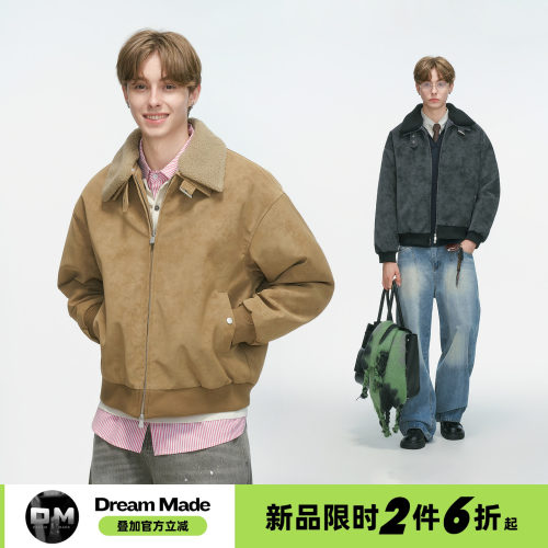 Dream made 可拆卸毛领巴恩风皮衣棉服男款冬季加厚工装棉衣外套