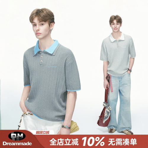 Dream made 美式假两件撞色POLO领针织短袖T恤男夏季情侣半袖上衣