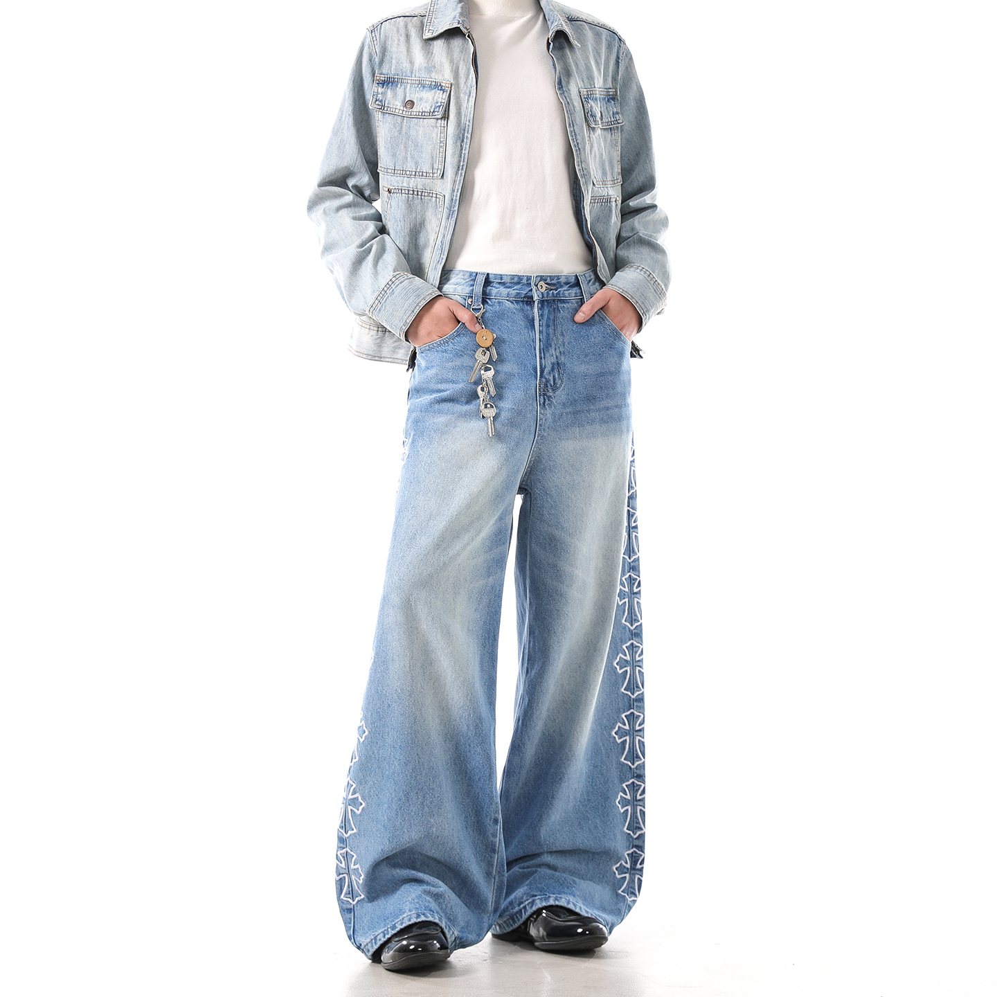 Dream made 美式水洗十字架牛仔裤男款秋冬季直筒阔腿弯刀长裤子