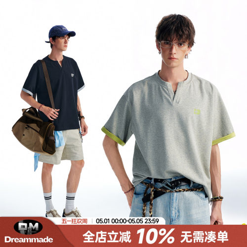 Dream made美式cleanfit双色V领短袖男款夏季重磅T恤男生半袖上衣