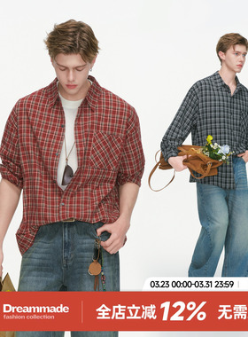 Dream made 美式红色格子长袖衬衫男款春秋季高级感内搭情侣衬衣