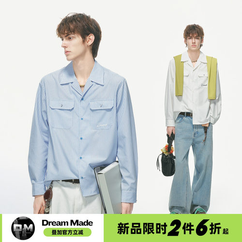 Dream made 美式高智感条纹古巴领工装衬衫男女秋季情侣长袖衬衣