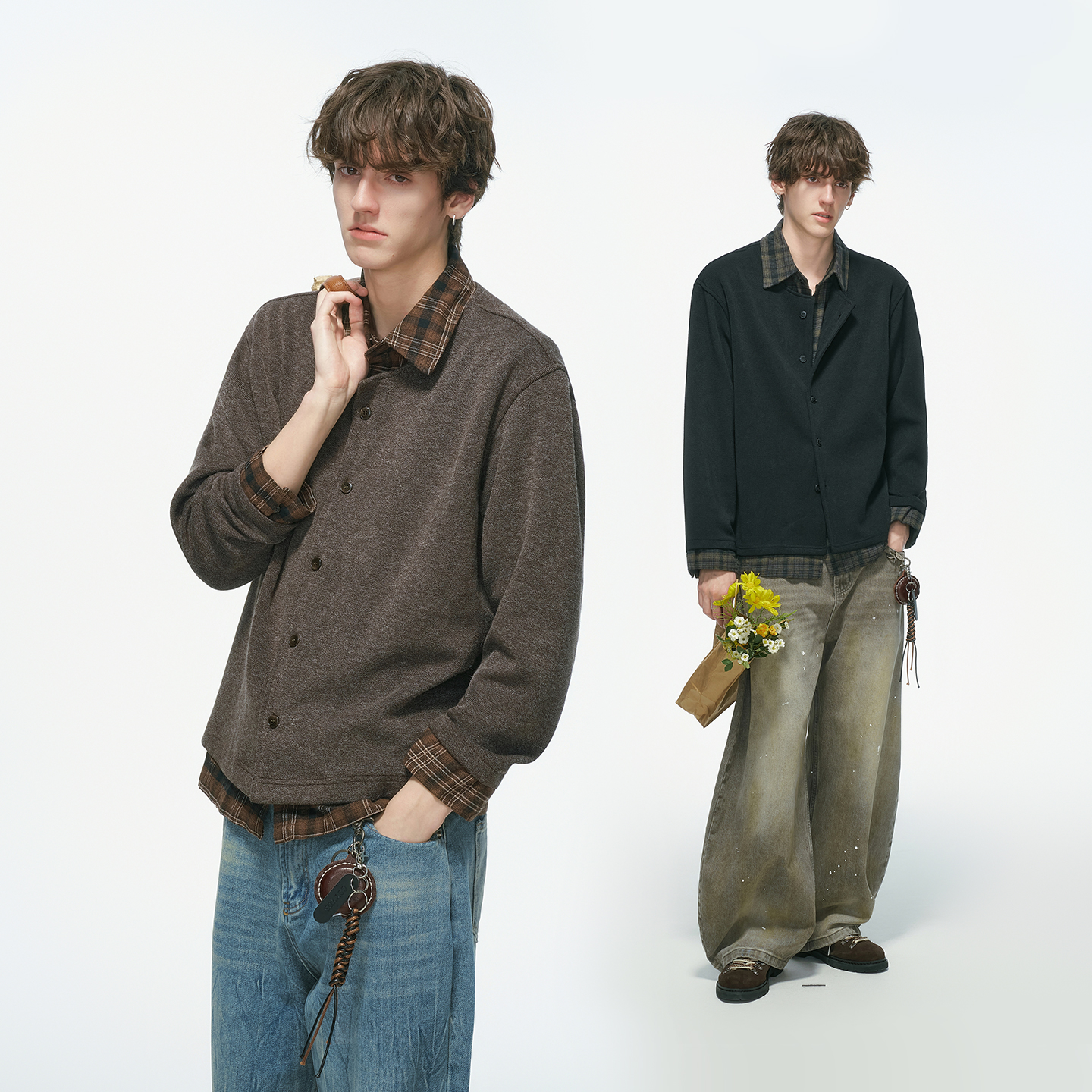 Dream made假两件老钱风开衫毛衣男秋冬季长袖衬衫男生内搭针织衫