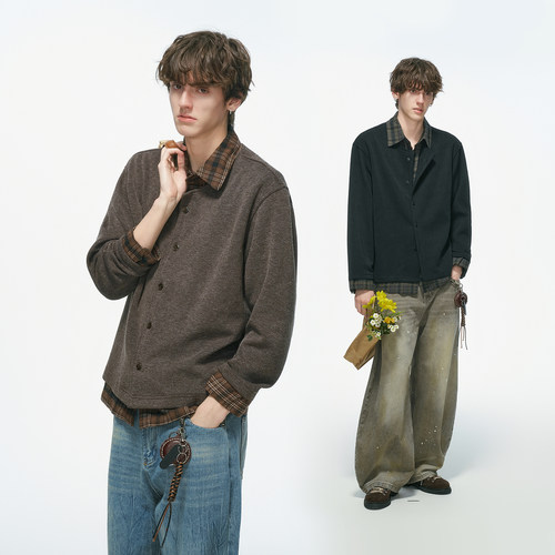 Dream made假两件老钱风开衫毛衣男秋冬季长袖衬衫男生内搭针织衫
