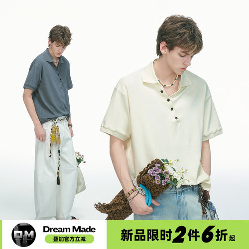 Dream made【5/6 0点新品限时2件6折】老钱风拼接亨利领短袖T恤男