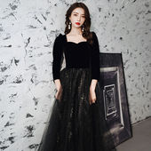 法式 长袖 丝绒礼服裙年会气质礼服裙 新款 黑色宴会晚礼服裙2022春季