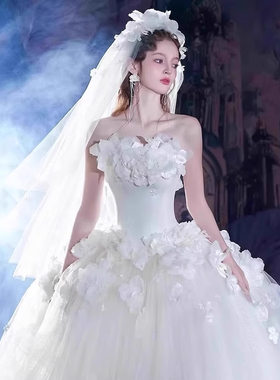 甜美花朵结婚礼服女抹胸婚纱大码新娘礼服裙主纱高级质感显瘦拖