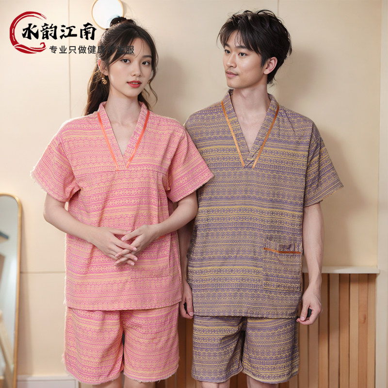 高档高棉条纹女款汗蒸服情侣套装韩版宽松大码桑拿服洗浴中心浴衣