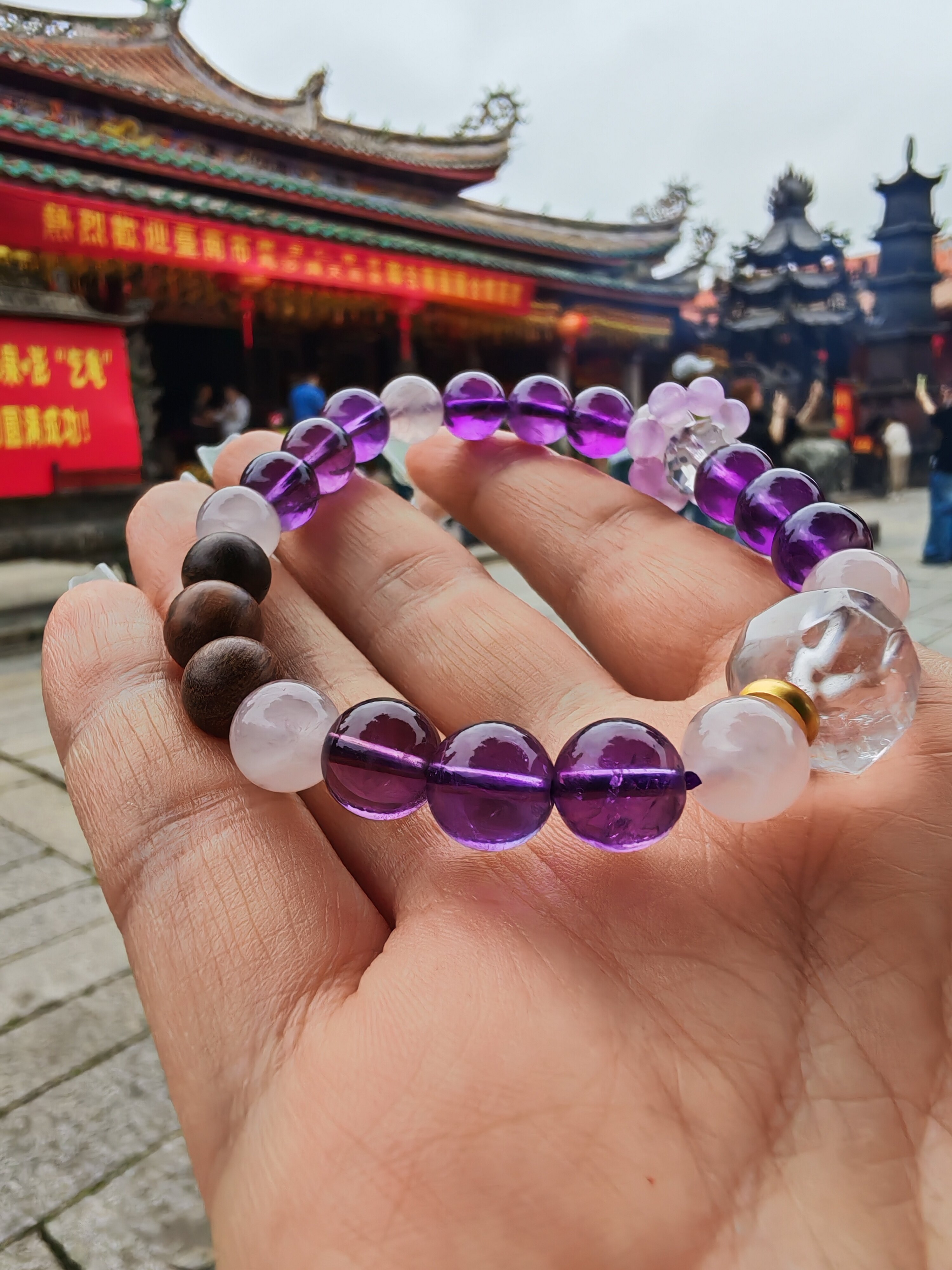 紫气东来 天然紫水晶粉晶水晶花梨木手串小众设计款男女同款
