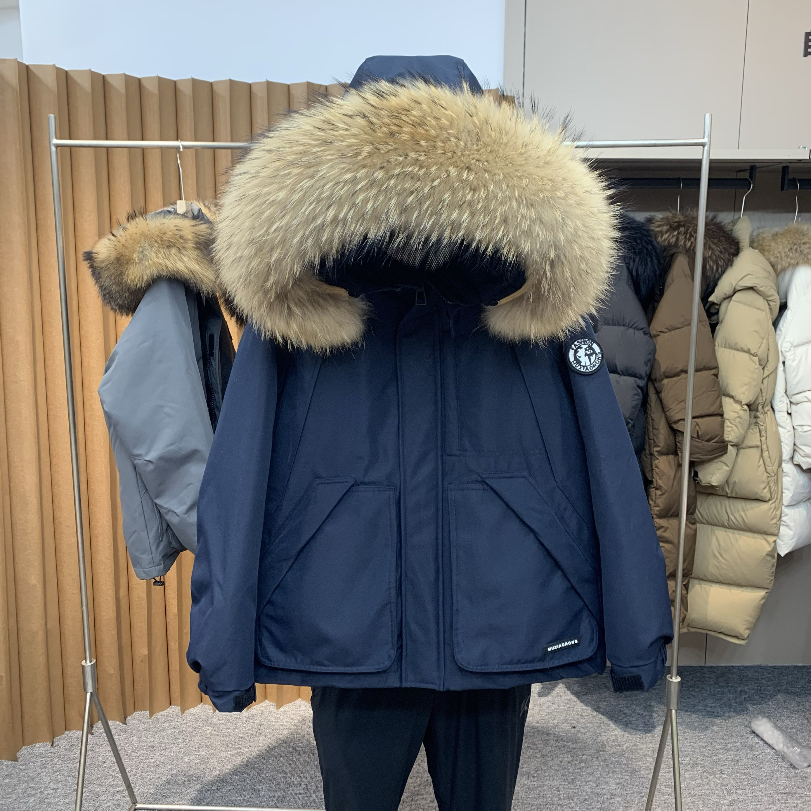 藏蓝色工装羽绒服派克服女短款小个子冬季毛领加厚外套韩系