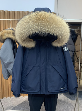 藏蓝色工装羽绒服派克服女短款小个子冬季毛领加厚外套韩系