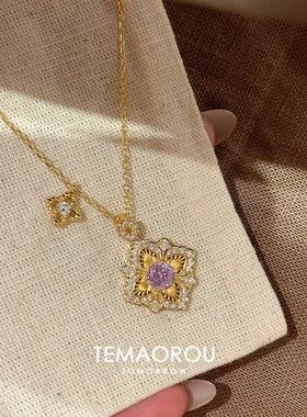法式金色拉丝烟花切紫钻花朵吊坠项链古典高级感轻奢毛衣链配饰