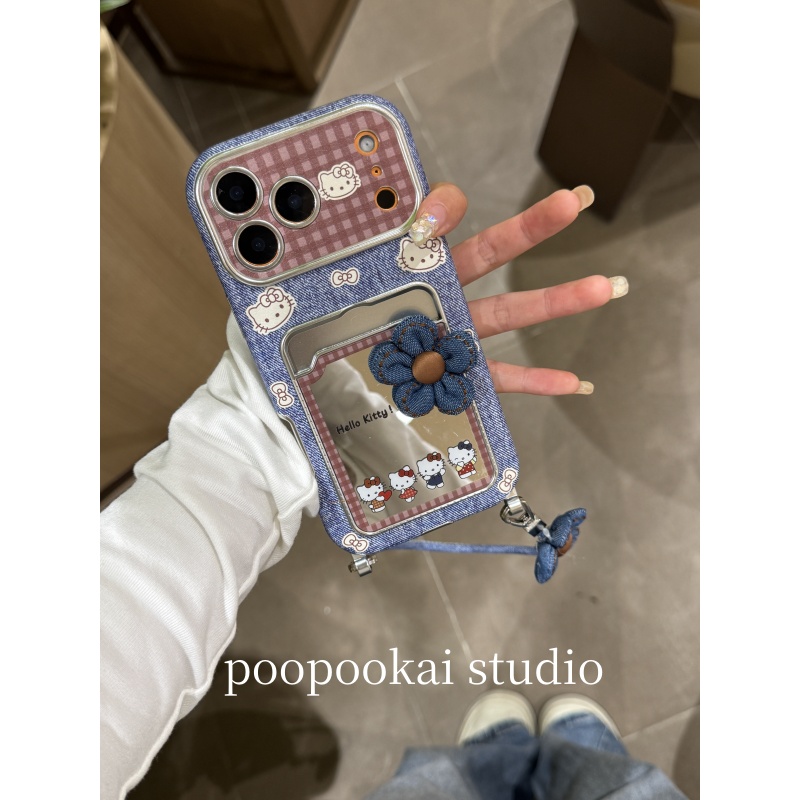 PooPookai可爱牛仔蓝镜面花朵kt猫适用于苹果16/17promax/iPhone15pro手机壳女款14全包防摔13保护套