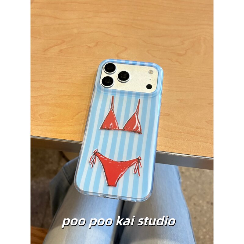 PooPookai ins韩系蓝条纹比基尼适用于苹果16/17promax/iPhone15pro手机壳女款防摔新款保护套创意