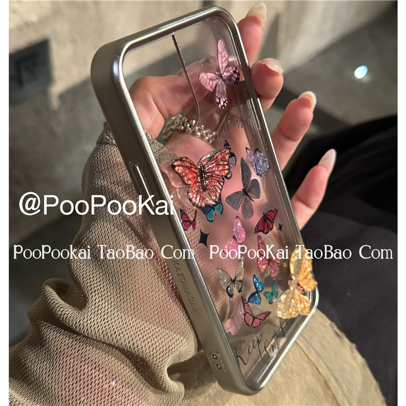 PooPooKai银色边框立体彩色蝴蝶适用苹果15iphone14手机壳13promax防摔ins春夏高级简约保护套12小众个性11