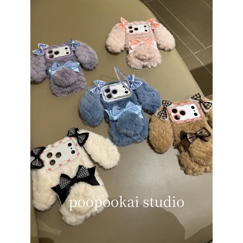 PooPookai可爱冬天毛茸茸蝴蝶结兔子适用于苹果16/17promax/iPhone15pro手机壳女款14全包防摔