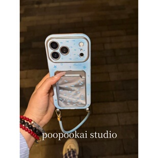 14全包防摔13保护套 iPhone15pro手机壳女款 PooPookai可爱蓝色镜面小鱼卡包适用于苹果16 17promax
